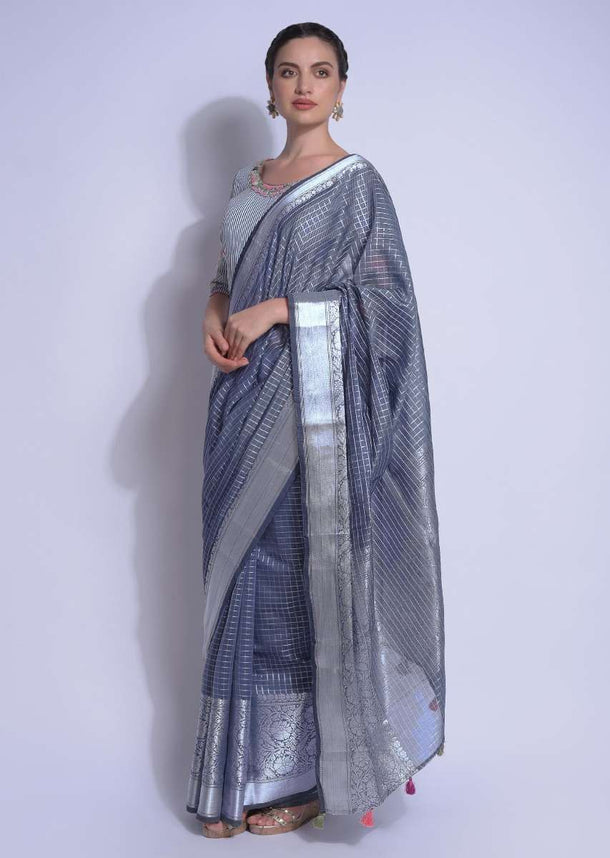 Anchor Grey Saree In Chanderi Silk With Weaved Checks And Floral Pattern Online - Kalki Fashion