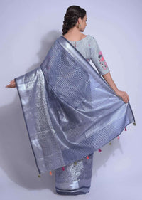 Anchor Grey Saree In Chanderi Silk With Weaved Checks And Floral Pattern Online - Kalki Fashion