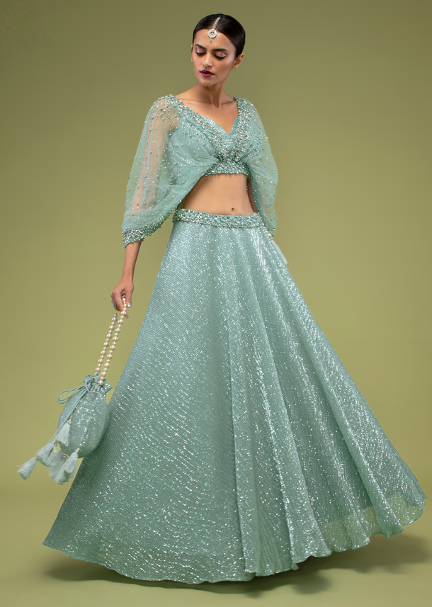 Angel Blue Lehenga And Crop Top Set With Drape On The Shoulder, Lehenga Is Crafted In Shimmer Crush With Sequins Embroidery