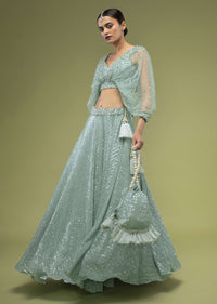 Angel Blue Lehenga And Crop Top Set With Drape On The Shoulder, Lehenga Is Crafted In Shimmer Crush With Sequins Embroidery