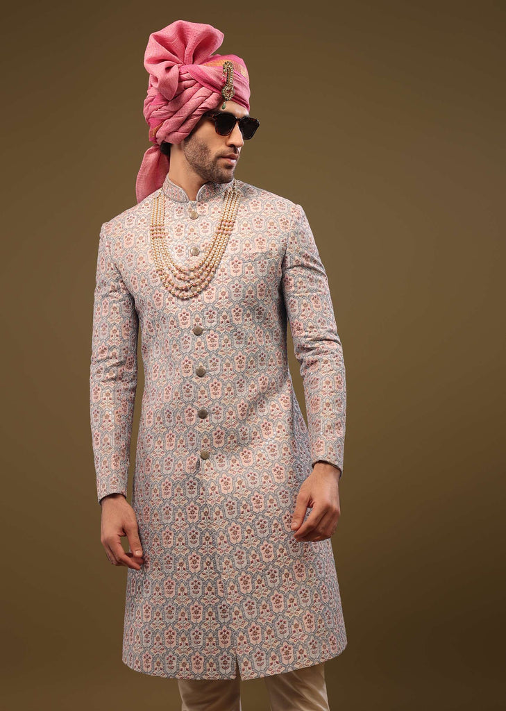 Angel Fall Blue Silk Sherwani Set In Sequins And Threadwork