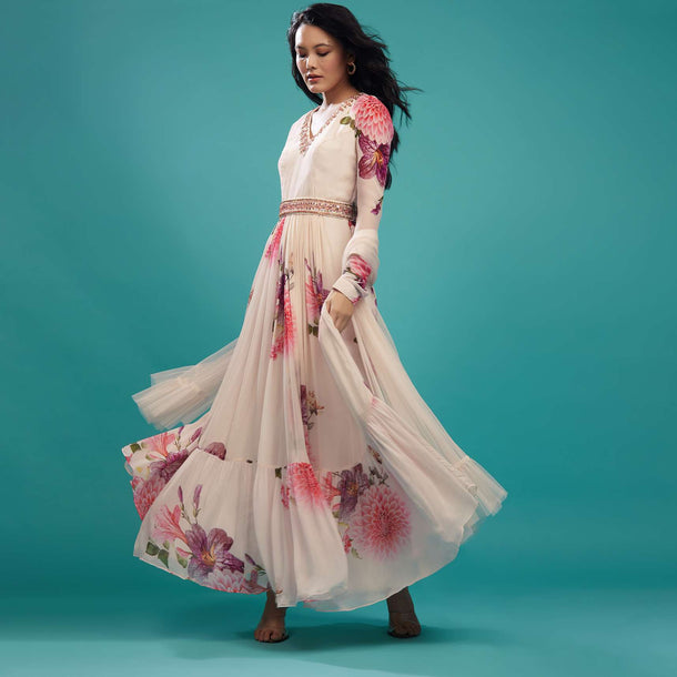 Candy Pink Floral Anarkali Suit In Georgette Fabric