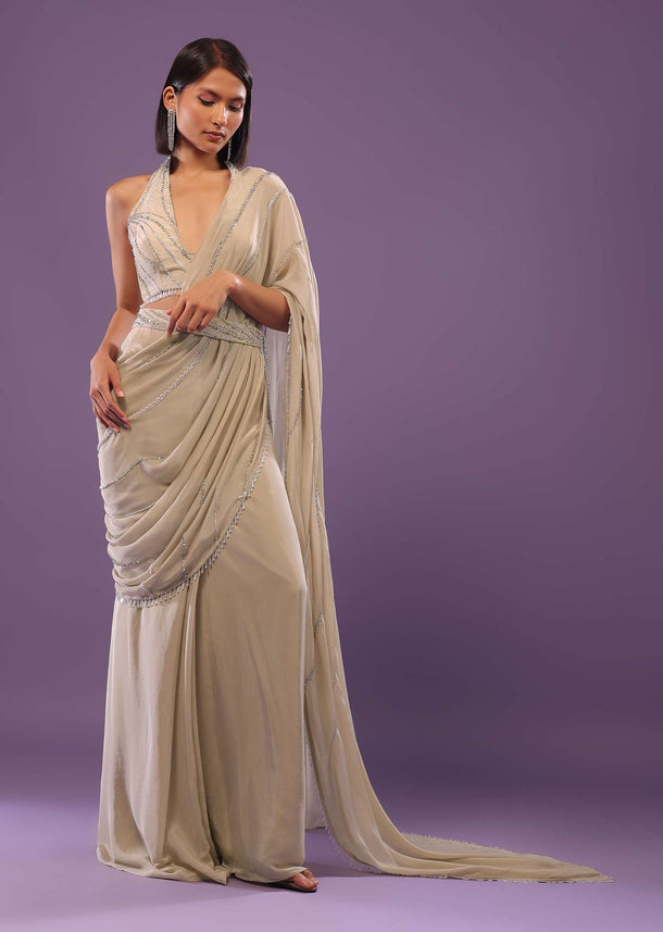 Nude White Embroidered Ready-Pleated Saree In Crepe