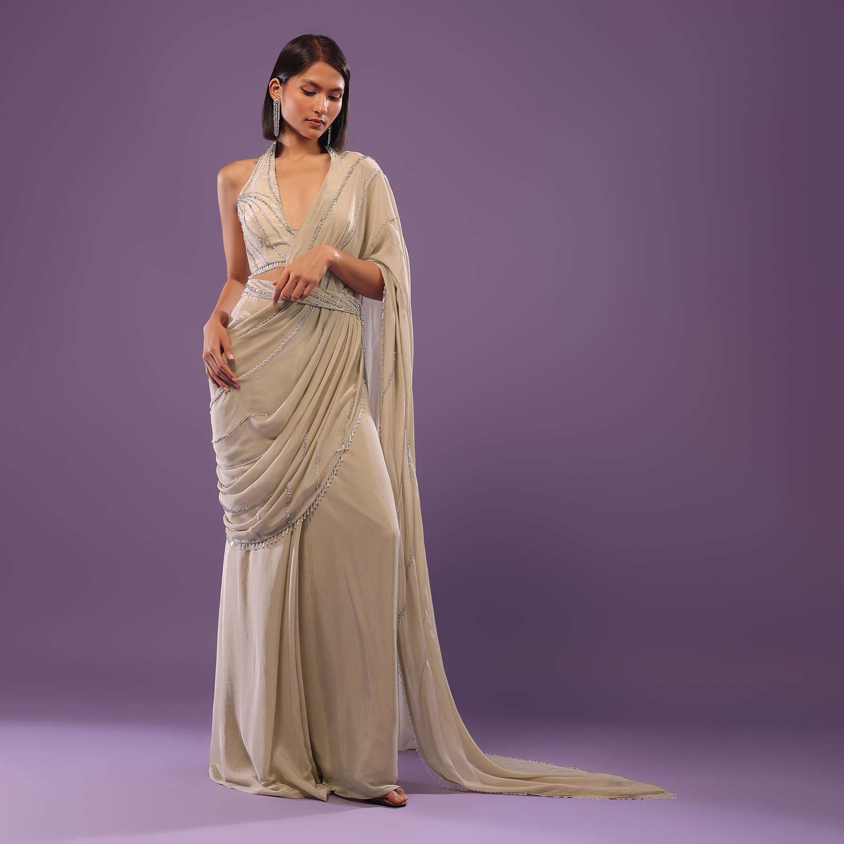 Nude White Embroidered Ready-Pleated Saree In Crepe