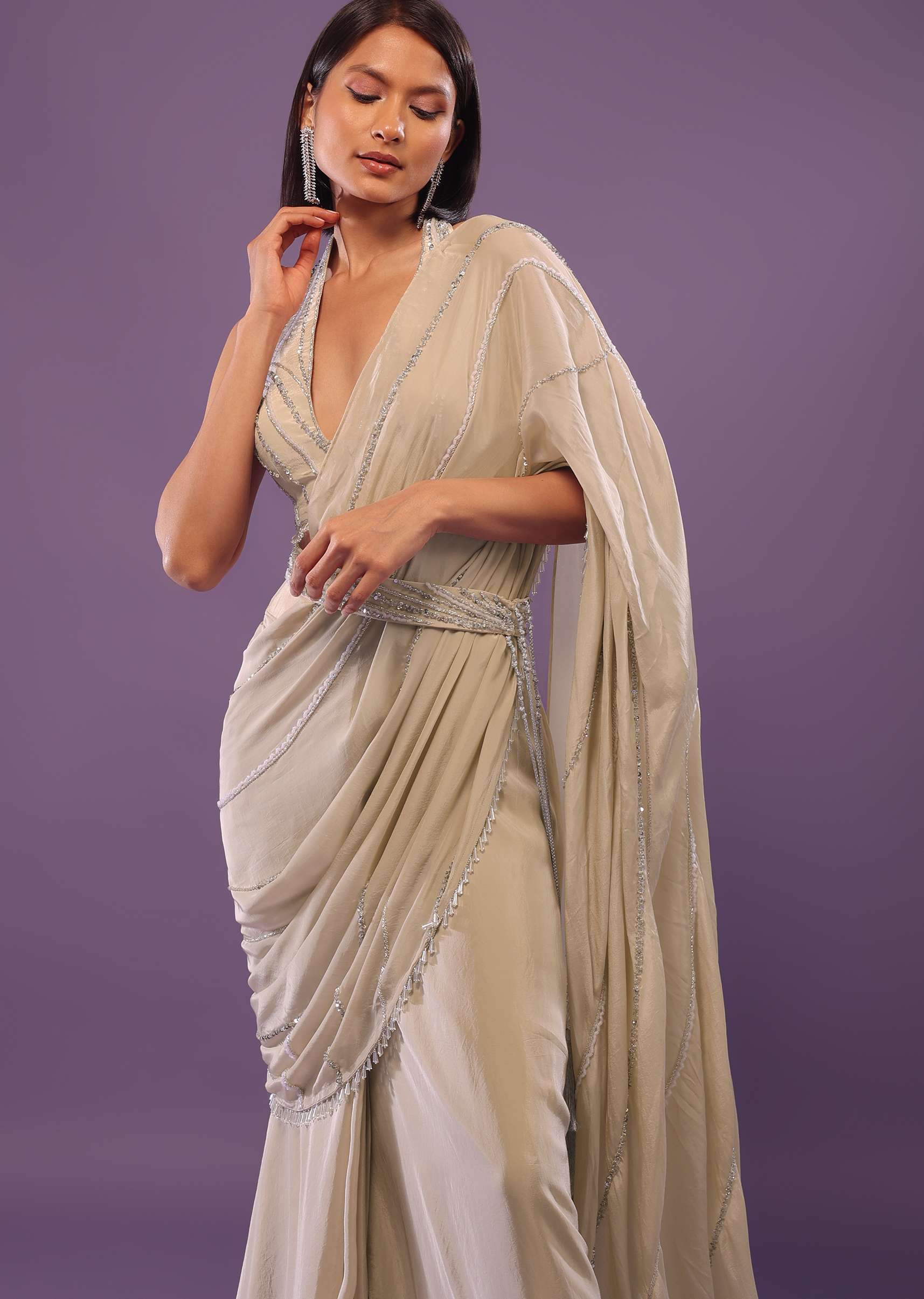 Nude White Embroidered Ready-Pleated Saree In Crepe