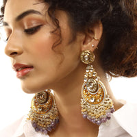 Antique Gold Earrings With Chrome Gold Enamelling, Kundan And Bead Fringes Edged In Purple Stone