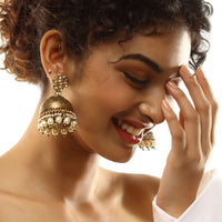 Antique Gold Jhumkas With Abstract Carvings, Kundan Embellished Floral Stud And Dangling Pearl Drops