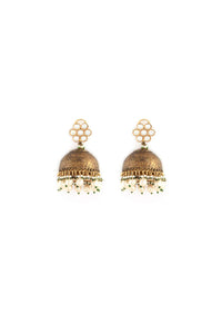 Antique Gold Jhumkas With Abstract Carvings, Kundan Embellished Floral Stud And Dangling Pearl Drops