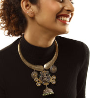Antique Gold Necklace With Goddess Laxmi Pendant Along With Carved Motifs And Attached Temple Jhumka