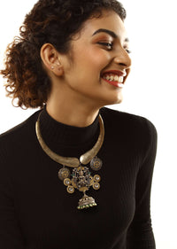 Antique Gold Necklace With Goddess Laxmi Pendant Along With Carved Motifs And Attached Temple Jhumka
