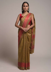 Antique Gold Pure Handloom Saree In Tussar Silk With Woven Red Border And Buttis Online - Kalki Fashion