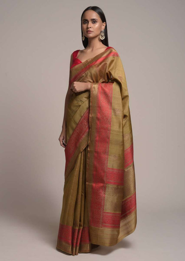 Antique Gold Pure Handloom Saree In Tussar Silk With Woven Red Border And Buttis Online - Kalki Fashion