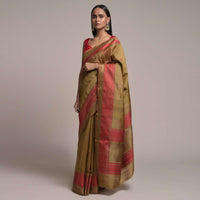 Antique Gold Pure Handloom Saree In Tussar Silk With Woven Red Border And Buttis Online - Kalki Fashion