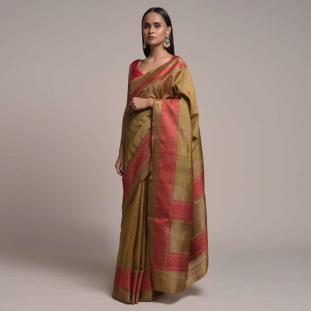 Antique Gold Pure Handloom Saree In Tussar Silk With Woven Red Border And Buttis Online - Kalki Fashion