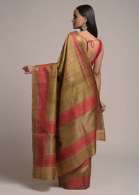 Antique Gold Pure Handloom Saree In Tussar Silk With Woven Red Border And Buttis Online - Kalki Fashion