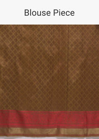 Antique Gold Pure Handloom Saree In Tussar Silk With Woven Red Border And Buttis Online - Kalki Fashion