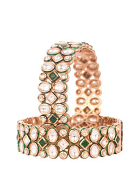 Antique Gold And Green Handcrafted Kundan Bangles In Mix Metal