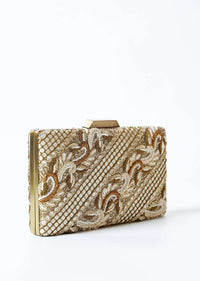Antique Gold And White Metal Box Clutch With Hand Work On Both Sides Online - Kalki Fashion