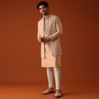 Antique Gold Embroidered Jacket Kurta Set In Silk