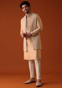 Antique Gold Embroidered Jacket Kurta Set In Silk