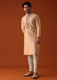 Antique Gold Embroidered Jacket Kurta Set In Silk