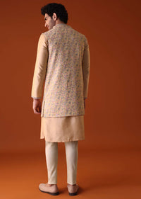 Antique Gold Embroidered Jacket Kurta Set In Silk