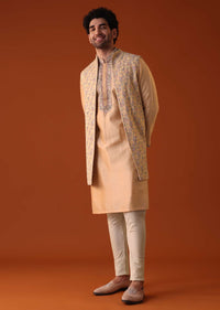 Antique Gold Embroidered Jacket Kurta Set In Silk