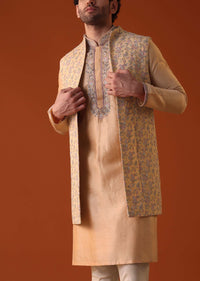 Antique Gold Embroidered Jacket Kurta Set In Silk