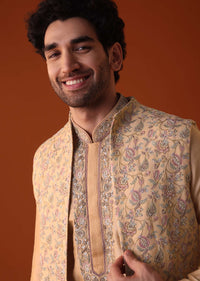 Antique Gold Embroidered Jacket Kurta Set In Silk