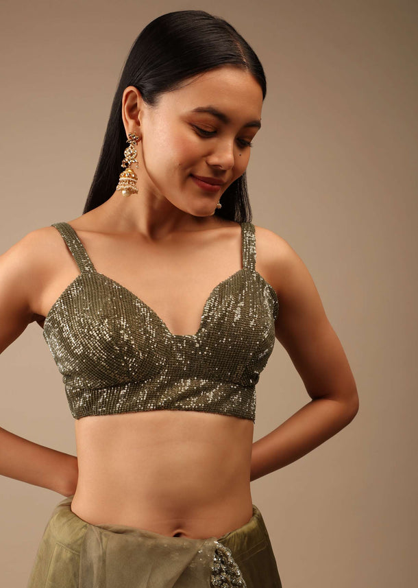 Antique Green Blouse In Crush Embellished With Sequins And Featuring Strap Sleeves And Geometric Neckline