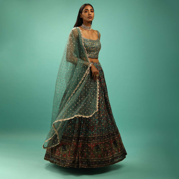 Antique Green Skirt And Crop Top Set With Floral And Elephant Print And Mirror Work