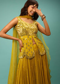 Antique Moss Green Skirt And Peplum Top Set With Mirror Abla Embroidery