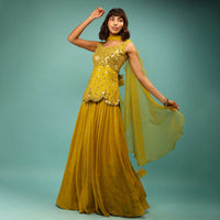 Antique Moss Green Skirt And Peplum Top Set With Mirror Abla Embroidery