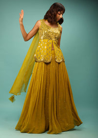 Antique Moss Green Skirt And Peplum Top Set With Mirror Abla Embroidery