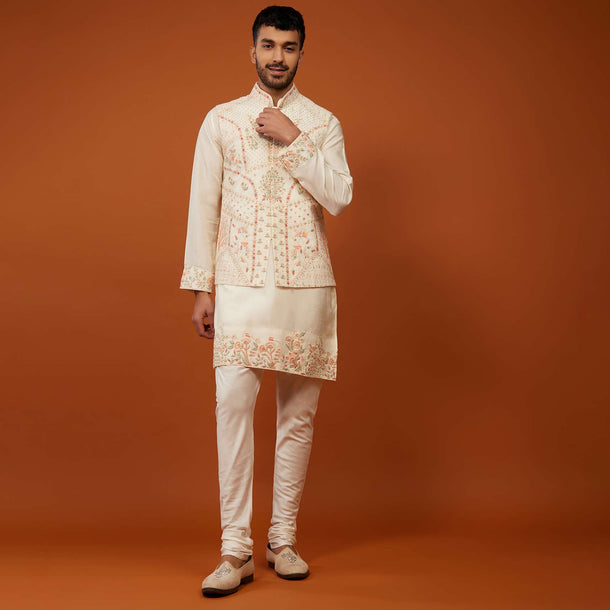 Ivory White Embroidered Bandi Jacket Set In Cotton Silk