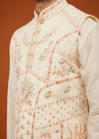 Ivory White Embroidered Bandi Jacket Set In Cotton Silk