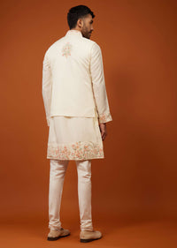 Ivory White Embroidered Bandi Jacket Set In Cotton Silk