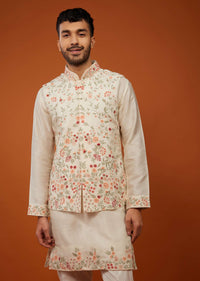 Beige White Bandi Jacket Set With Multicolour Embroidery In Cotton Silk