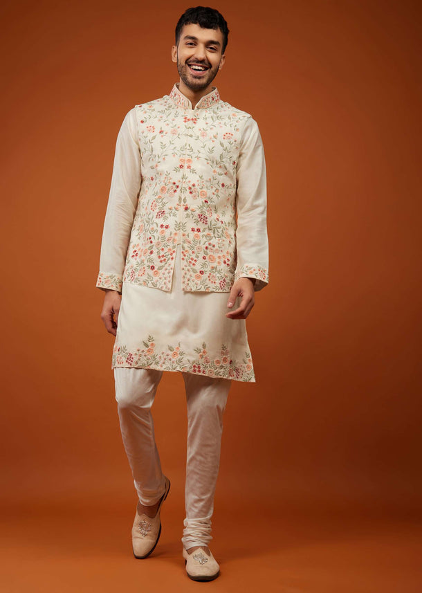 Beige White Bandi Jacket Set With Multicolour Embroidery In Cotton Silk