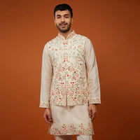 Beige White Bandi Jacket Set With Multicolour Embroidery In Cotton Silk