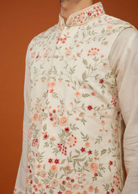 Beige White Bandi Jacket Set With Multicolour Embroidery In Cotton Silk