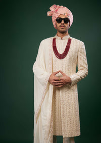 Cream White Sherwani Set In Raw Silk With Embroidery