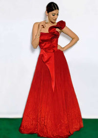 Anushka Ranjan in Kalki Scarlet Red Gown In Crepe And Dupion With Fancy Ruffle Details