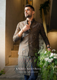 Dark Olive Nehru Jacket And Kurta Set Floral Motifs Print, A Matching Print Kurta In Full Sleeves