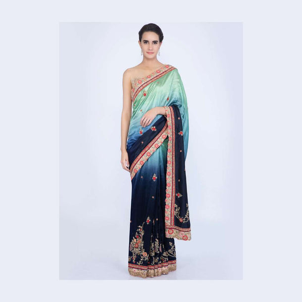 Apple green and indigo blue shaded cotton silk saree with embroidery and butti only on Kalki