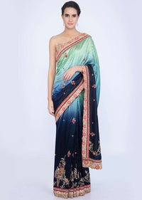 Apple green and indigo blue shaded cotton silk saree with embroidery and butti only on Kalki