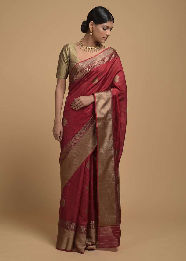 Apple Red Pure Handloom Saree In Tussar Silk With Woven Floral Buttis Online - Kalki Fashion