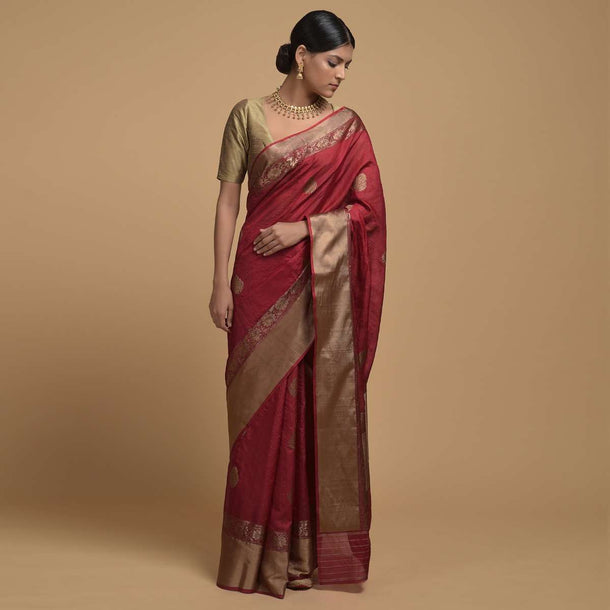 Apple Red Pure Handloom Saree In Tussar Silk With Woven Floral Buttis Online - Kalki Fashion