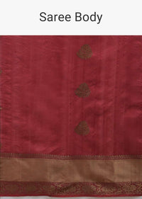 Apple Red Pure Handloom Saree In Tussar Silk With Woven Leaf Shaped Floral Buttis Online - Kalki Fashion