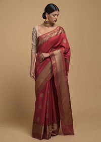 Apple Red Pure Handloom Saree In Tussar Silk With Woven Leaf Shaped Floral Buttis Online - Kalki Fashion